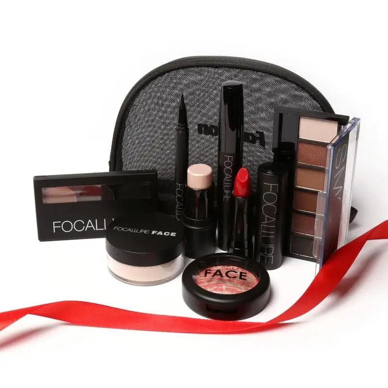 

Makup Tool Kit 8 PCS Must Have Cosmetics Set Create 3D Natural Face Look Eyeshadow, Highlighter Stick, Fiery Red Lipstick