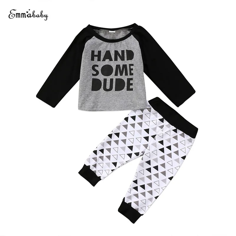 0-24M Kids Infant Baby Boy Long Sleeve Letter Crewneck Blouse Tops Pants Black Fashion Outfits Clothes Set
