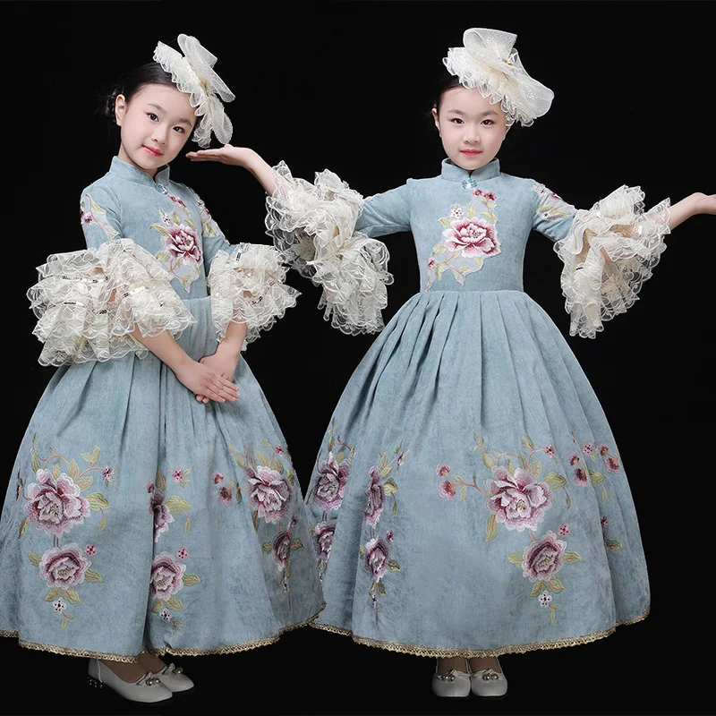 

European New Children's Court Flower Dress Party High Collar Short-sleeve Embroidered Retro Clothing Kids Princess Ball Gown