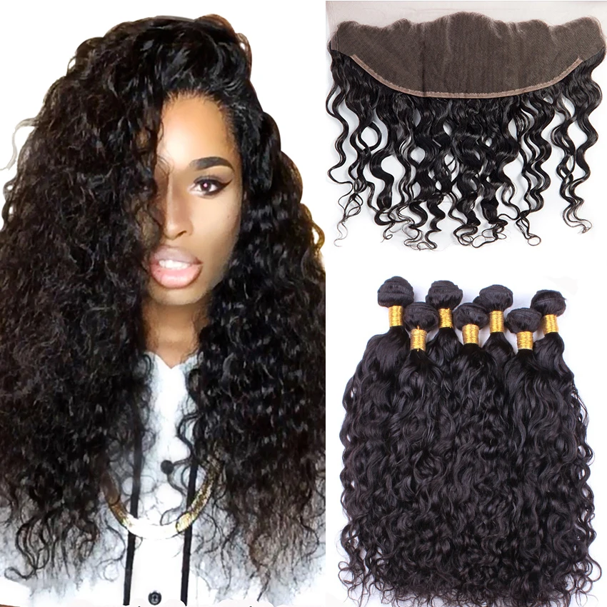 5PCS Ali Moda Malaysian Water Wave 4 Bundles with Ear to Ear Lace frontal Closure Malaysian Virgin Hair with Closure Human Hair