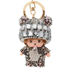 Monchichi Keychain Girl Monchhichi Sleutelhanger Crystal Fur Ball Keychain Cute Key Chain Pom Pom Women Key Holder Bague