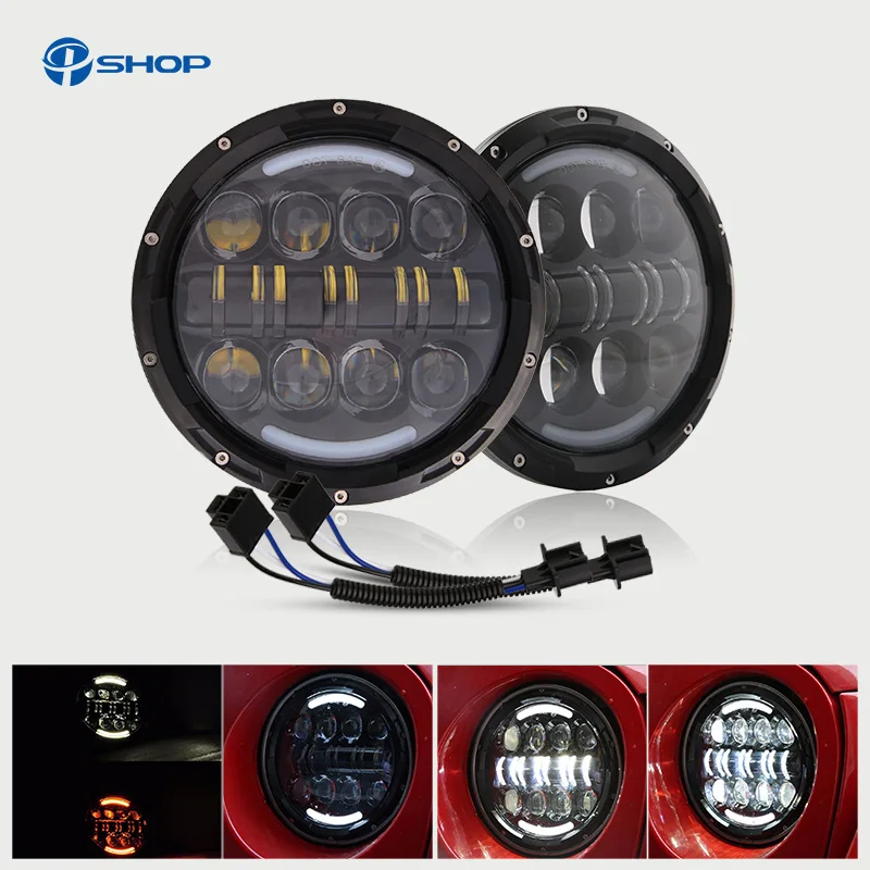 Pair Harley JK Wrangler TJ 7 Inch Round LED Headlight White Halo Angel Eye DRL Yellow