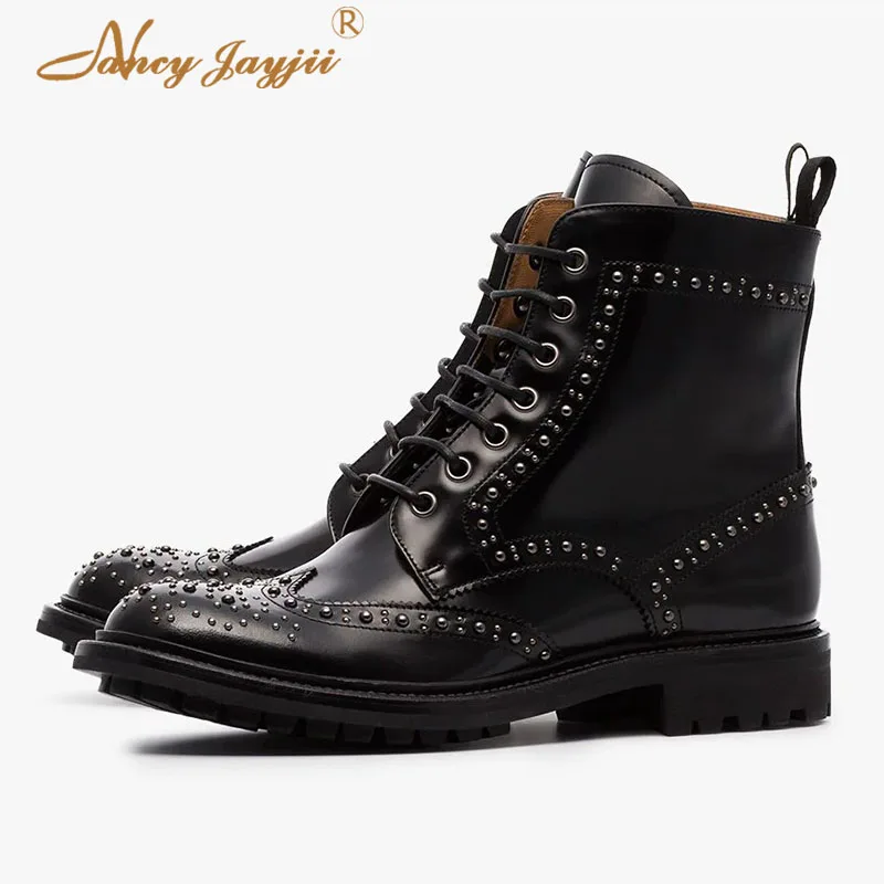 

Rock Punk Motorcycle boots Round Toe Spring Rivet Lace-up Women Shoes Ladies Ankle Boots Fashion Elegant Sexy 2019 Size 12 13 15