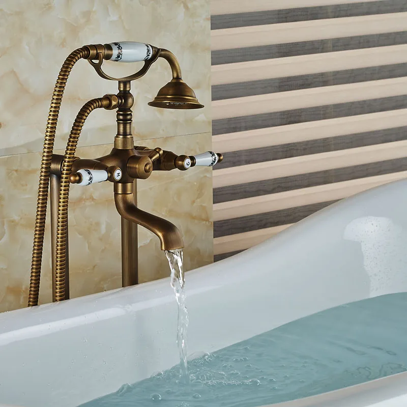 Free Standing Dual Handles Floor Mount Waterfall Bathtub Faucet Brass