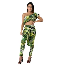 Leaf Print Two Piece Set One Shoulder Strapless Outfits Ruffles Crop Top And Pants Bodycon Bandage Bodysuit Sexy With Sashes Leaf Print Two Piece Set One Shoulder Strapless Outfits Ruffles Crop Top And Pants Bodycon Bandage Bodysuit Sexy With Sashes