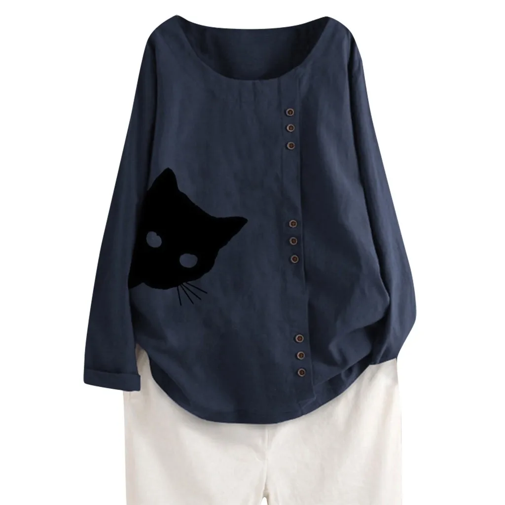 Большие размеры, Модная хлопковая Льняная блуза с принтом кота, повседневные пуговицы, Свободный Топ с v-образным вырезом, женская рубашка с длинными рукавами, пуловер Blusa