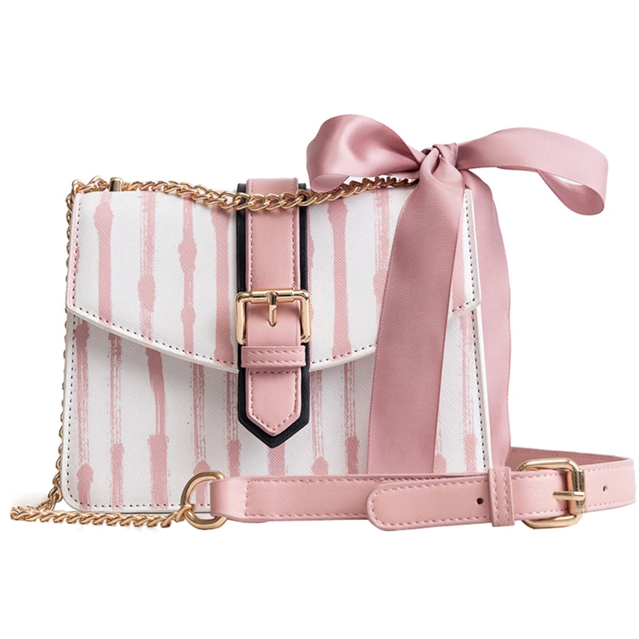 Luxury Striped Women Handbag Chain Bow Women Shoulder Messenger Bag Cute Pu Leather Mobile Phone Handbag Brand Evening Bag 2018