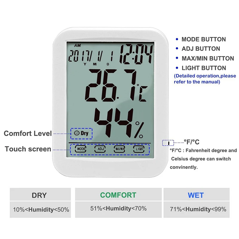 Температурный гигрометр цифровой термометр для помещения умный сенсорный экран свет Встроенные часы Термометры домашняя метеостанция