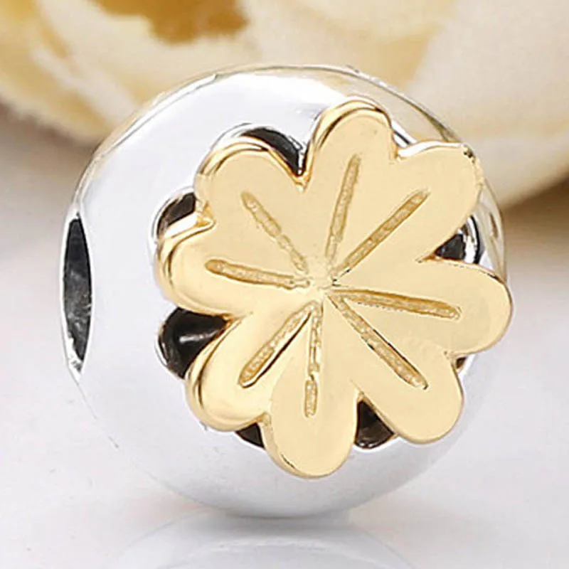 

New 925 Sterling Silver Bead Charm Gold Color Shining Clover Stopper Clip Beads Fit Pandora Bracelet Bangle Diy Jewelry