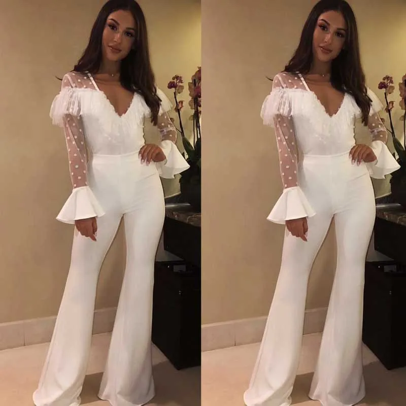 

wholesale Newest Celebrity Party Bandage Jumpsuit White lace Long sleeve V-neck sexy perspective Length Women Jumpsuit