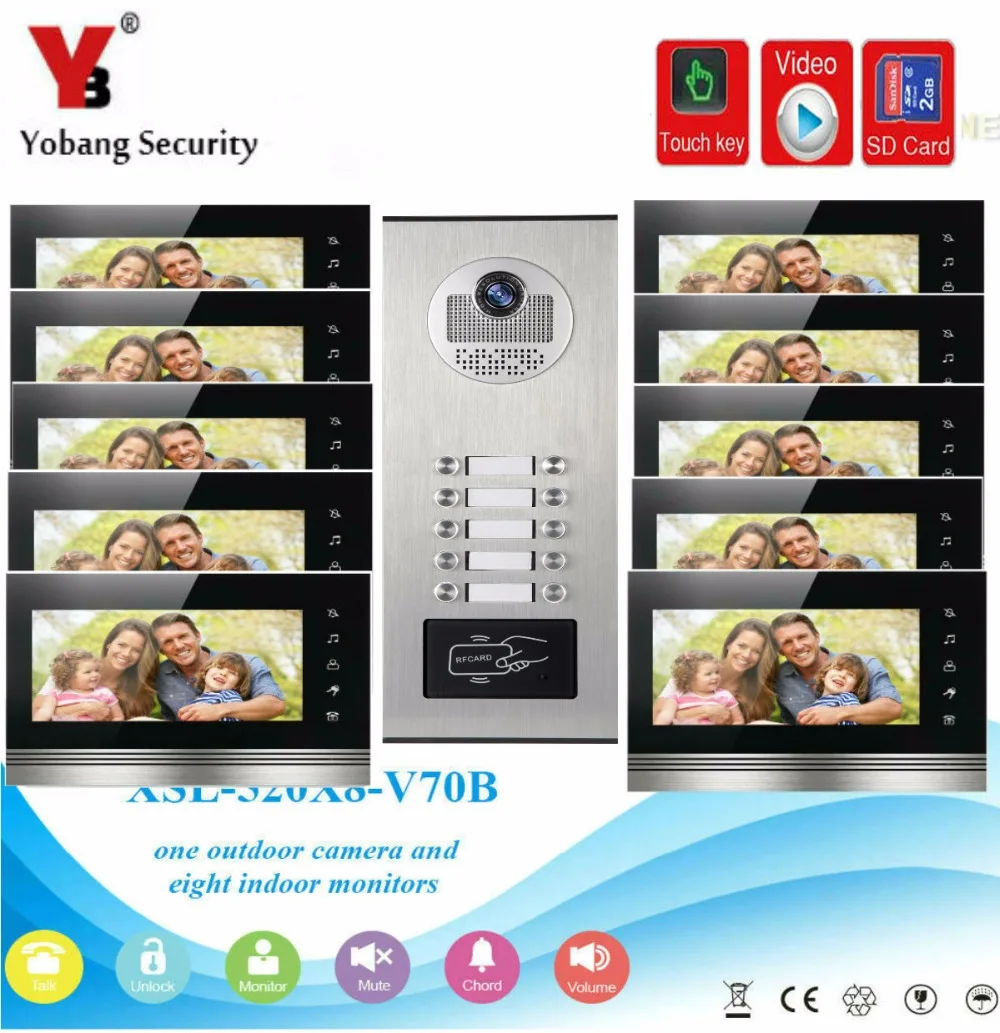 

YobangSecurity 7Inch Video Door phone Doorbell Intercom Monitor System RFID Access With Video Recording SD Card For 10 Apartment