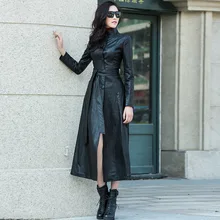 Весенне-осенние модные брендовые женские однобортные Длинные куртки кожаный длинный Тренч приталенная одежда с поясом больших размеров