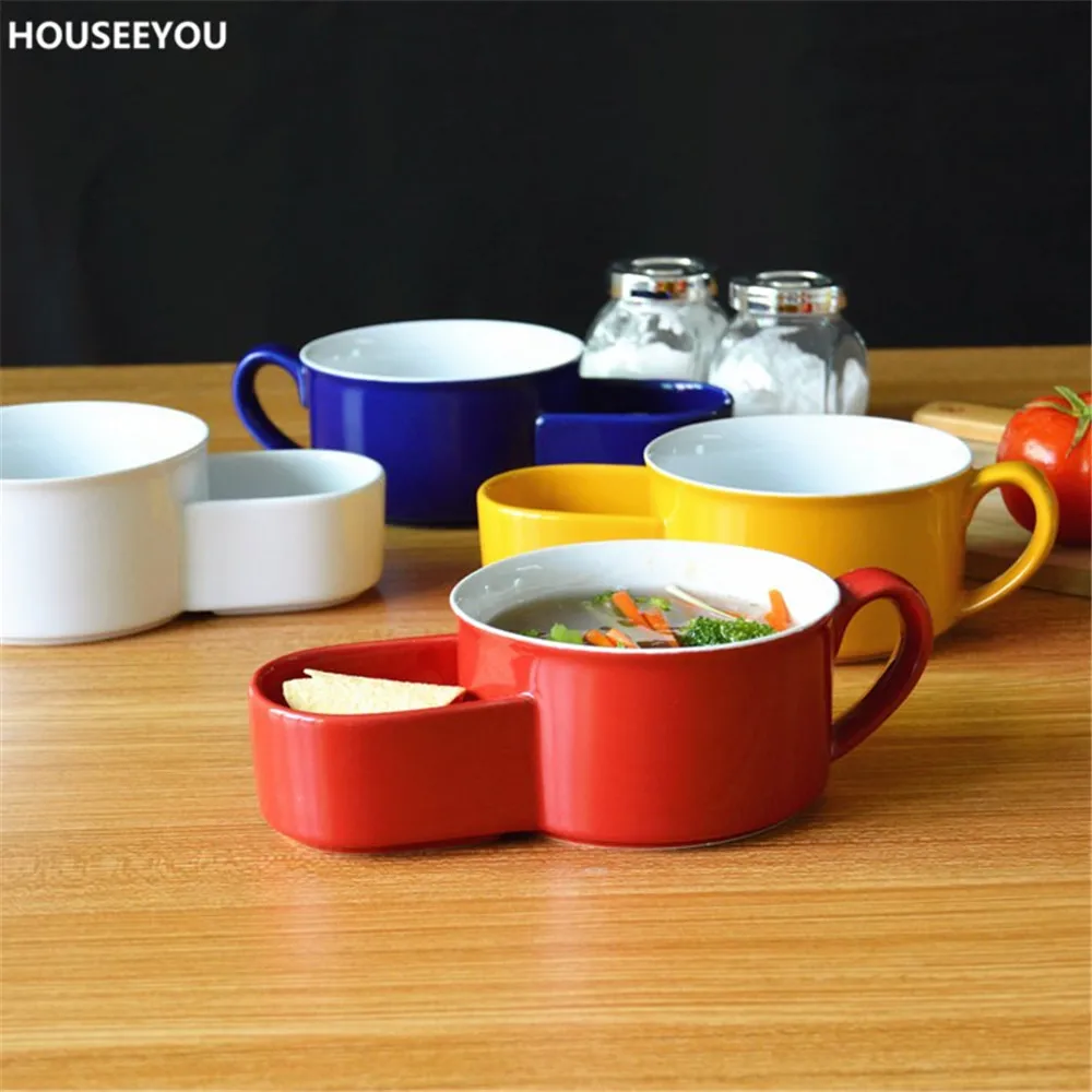 

Modern Colorful Ceramic Double Bowls Breakfast Bowl Soup and Cracker Ceramic Mug Bowl Tableware Home Dining Accseeories Supplies