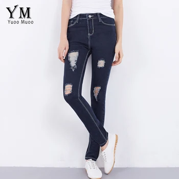

YuooMuoo 2019 Spring and Summer Plus Size Jeans Mid Waist Ripped Jeans for Women Skinny Pencil Stretch Jeans Fashion Hole Capri