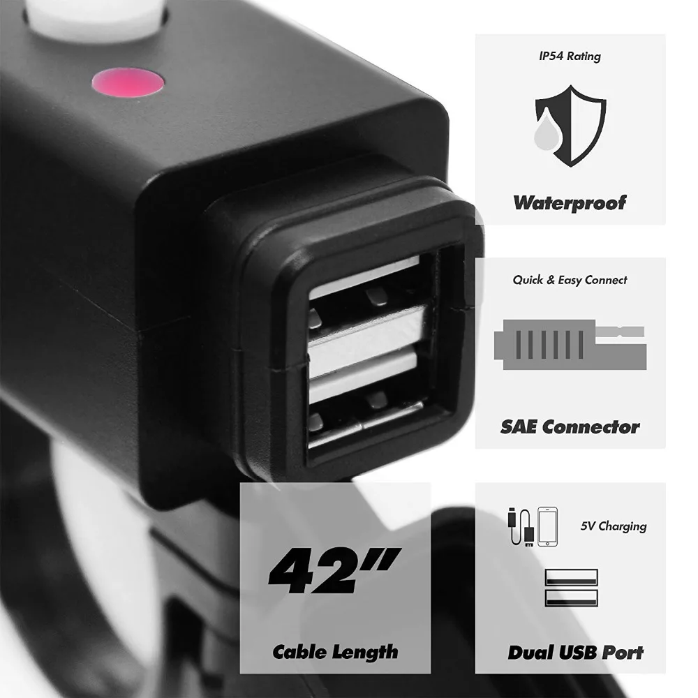 Руль мотоцикла крепление IP54 Водонепроницаемый 8 V-28 V 2.1A SAE двойной USB Зарядное устройство адаптер для смартфонов, для навигаторов GoPro