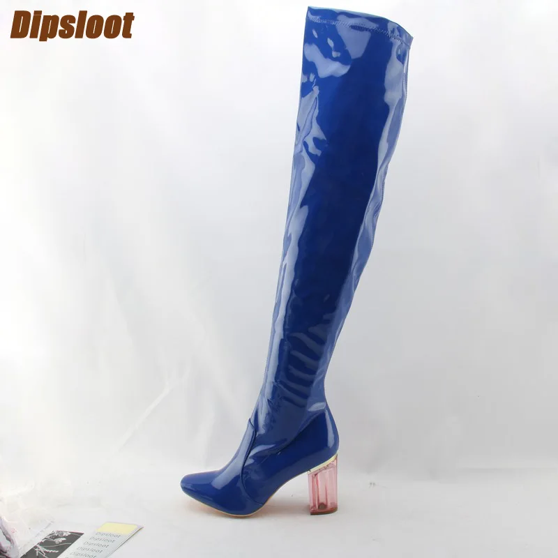 

Newest Blue Patent Leather Women Over The Knee Boots Sexy Pointy Toe Ladies Fashion Thigh Boots Pink Crystal High Heel Boots