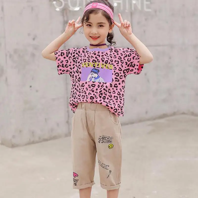 Summer Girls Tracksuit 2019 Toddler Clothes Set Casual Girls Boutique Outfits Leopard Printed Tops Tees + Pants 8 10 12 14 Years