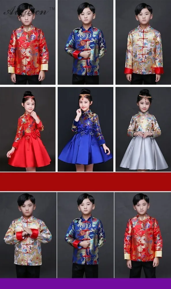 Tang/детский Атласный топ Чонсам для мальчиков, Утепленное зимнее Ципао, сатиновые костюмы, детские костюмы, свадебное китайское платье с длинными рукавами для девочек
