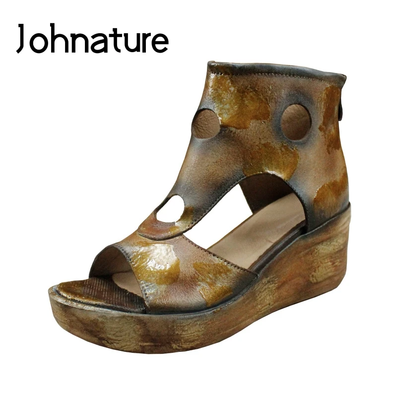 

Johnature Genuine Leather Casual Platform Sandals Zipper Retro Mixed Colors Wedges Handmade New Summer Women Shoes