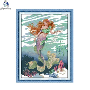 

Mermaid Patterns Print On Canvas, DMC 14CT 11CT Cross Stitch kits, DIY Embroidery Needlework Set, Hand Made Crafts Home Decor