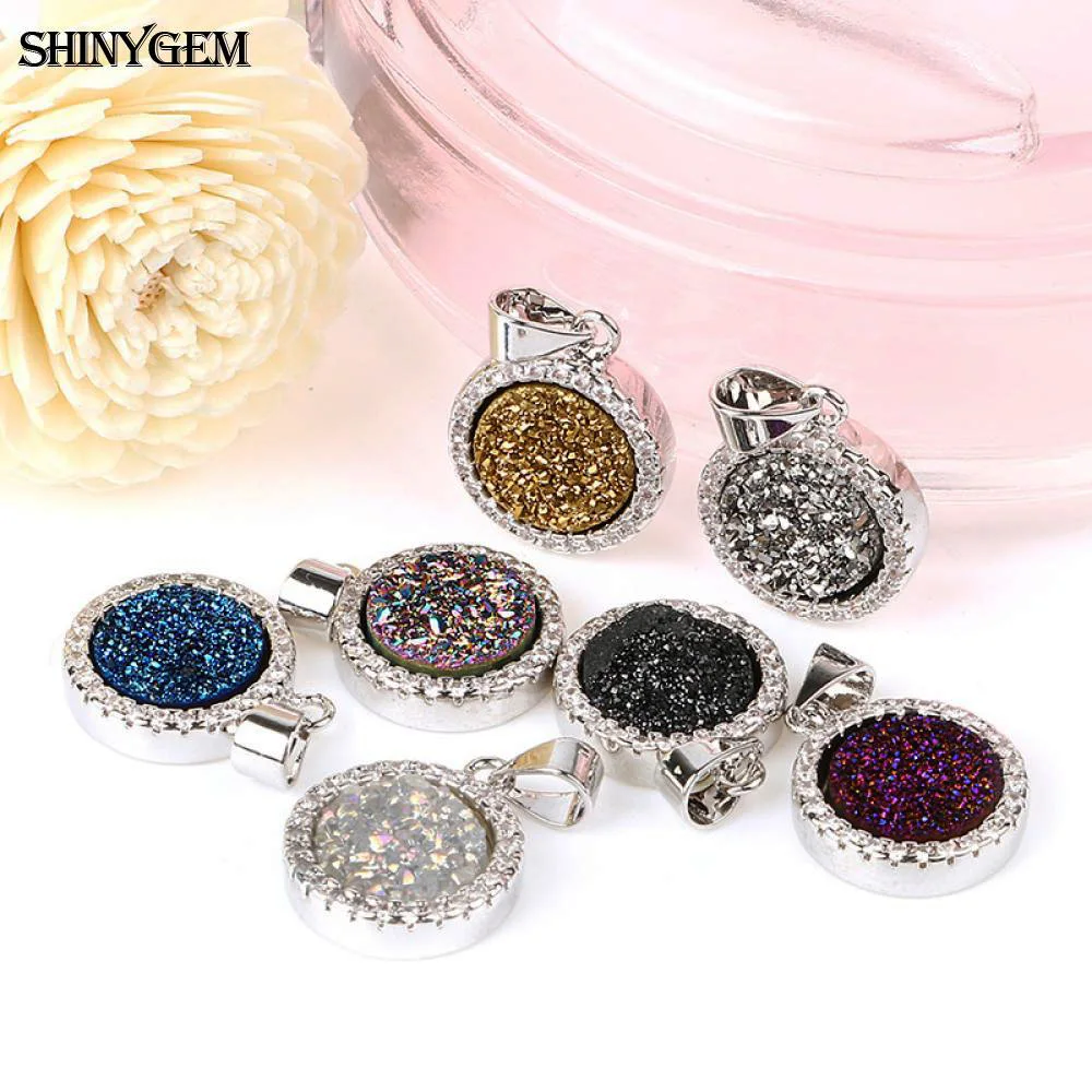 ShinyGem модный посеребренный Кулон Druzy 7 цветов круглый натуральный кварцевый