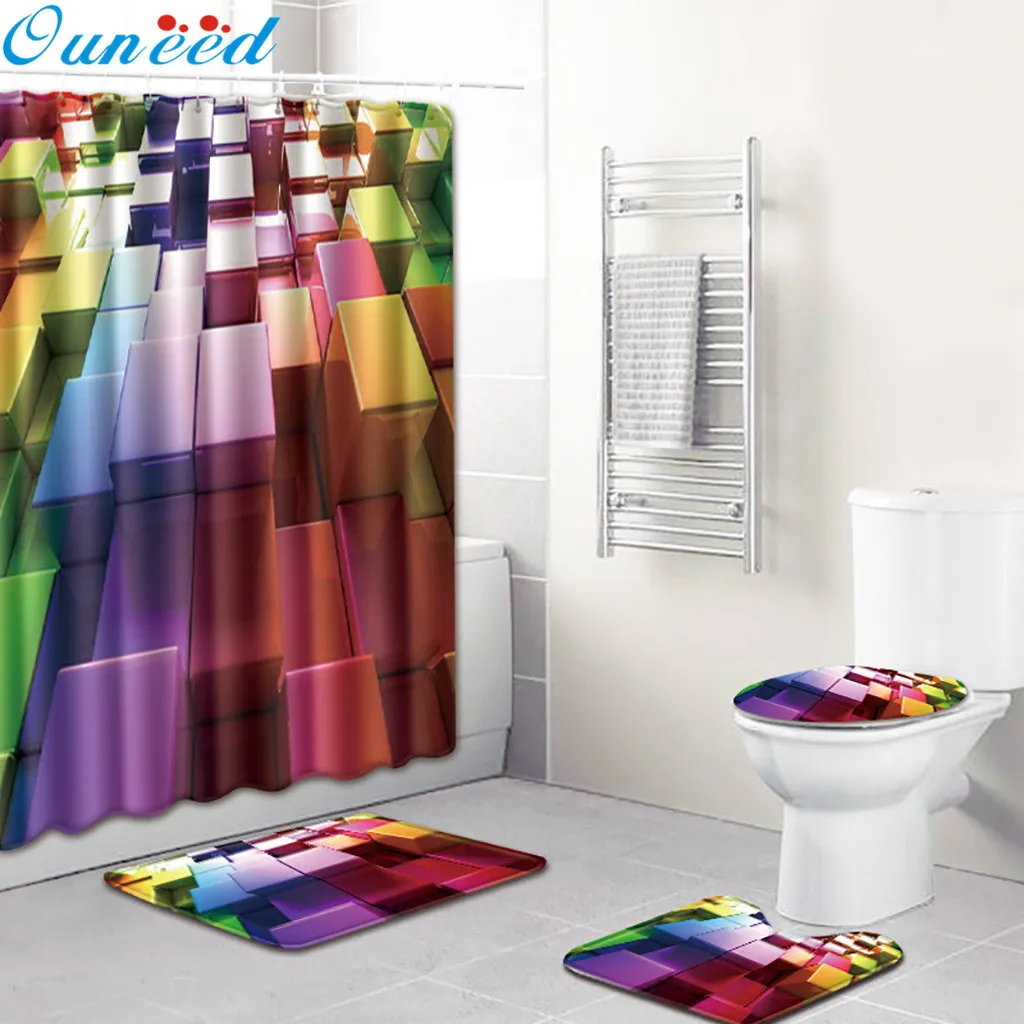 

Ouneed 4PCS 3D stereo cool landscape Bathroom Shower Curtains set Non Slip landscape pattern Toilet Shower curtain Cover Mat set