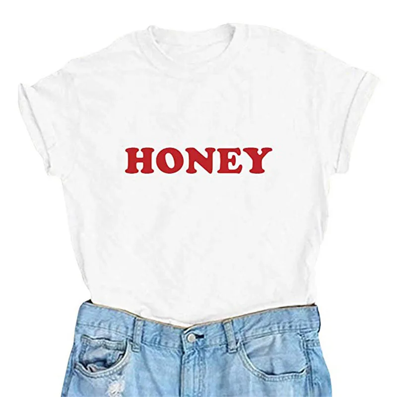 

LUSLOS 2colors white red women t shirt HONEY letter t shirt femme Casual soft women harajuku tshirt friends tv show female tops