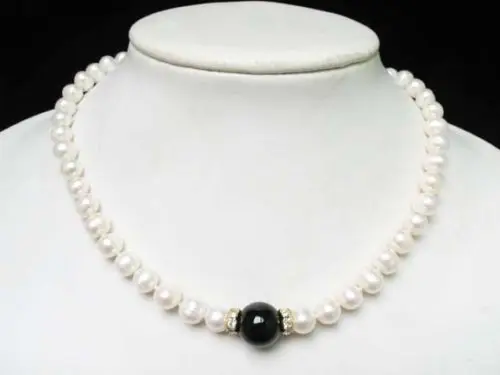 

free shipping >>> >>> Necklace white freshwater pearl 16mm black onyx pendant 16.5"