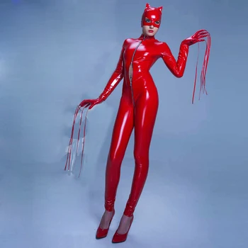 

Red Zipper Womens Erotic Sheathy Jumpsuit PVC Faux Leather Catsuit Stripper Pole Leotard Skeleton Bodysuit Costume Gloves Cap