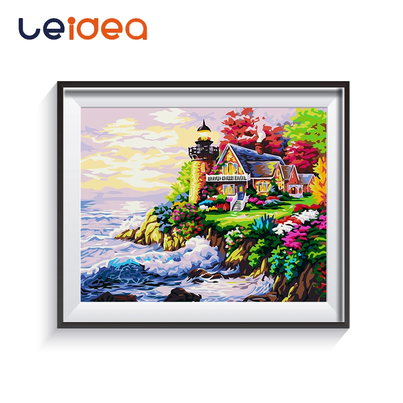 

Seaside House DIY Painting By Number Modern Landscape Calligraphy Castle Painting Acrylic Paint By Number For Home Decor
