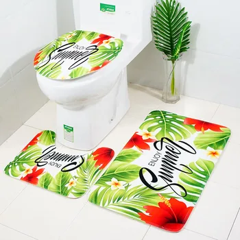 

3pcs Bathroom Bath Mat Set Toilet Rugs Flannel Anti Slip Non-Slip Bath Mat Kitchen Beautiful leaves print Carpet Doormats Decor