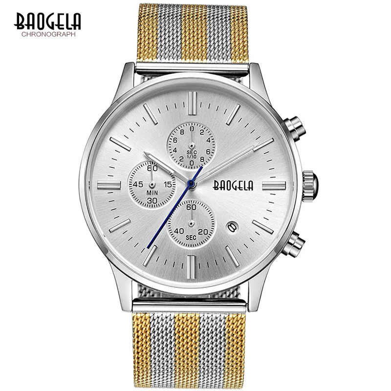 BAOGELA сетка Группа Сталь наручные часы для Для мужчин Chronograph Classic секундомер