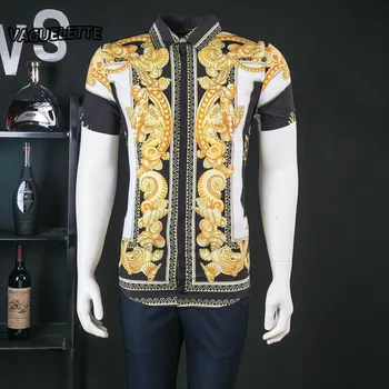 

Golden Print Pattern Shirts Men With Short Sleeve Slim Fit Skinny Fashion 2019 Vintage Luxury Male Shirt Elegant M-3XL