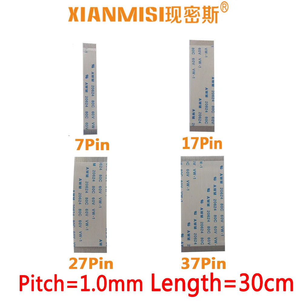 

FFC/FPC Flat Flex Ribbon Cable 7Pin 17Pin 27Pin 37Pin Same Side 1.0mm Pitch AWM VW-1 20624 20798 80C 60V Length 30cm 5PCS