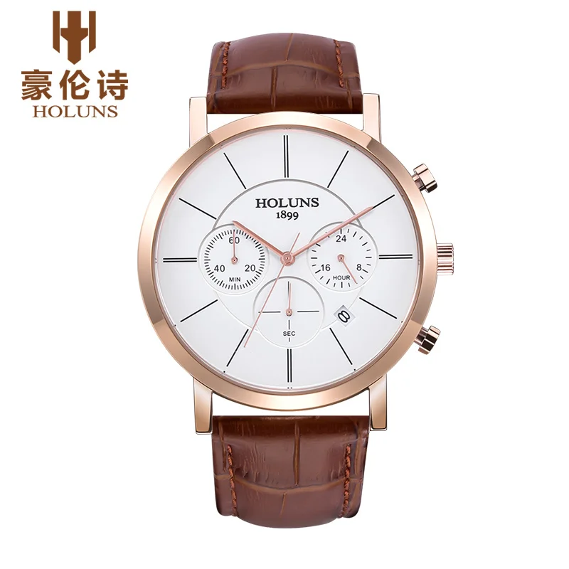 Роскошные HOLUNS мужские водонепроницаемые кварцевые наручные часы с хронографом и кожаным ремешком relogio masculino - Цвет: C3