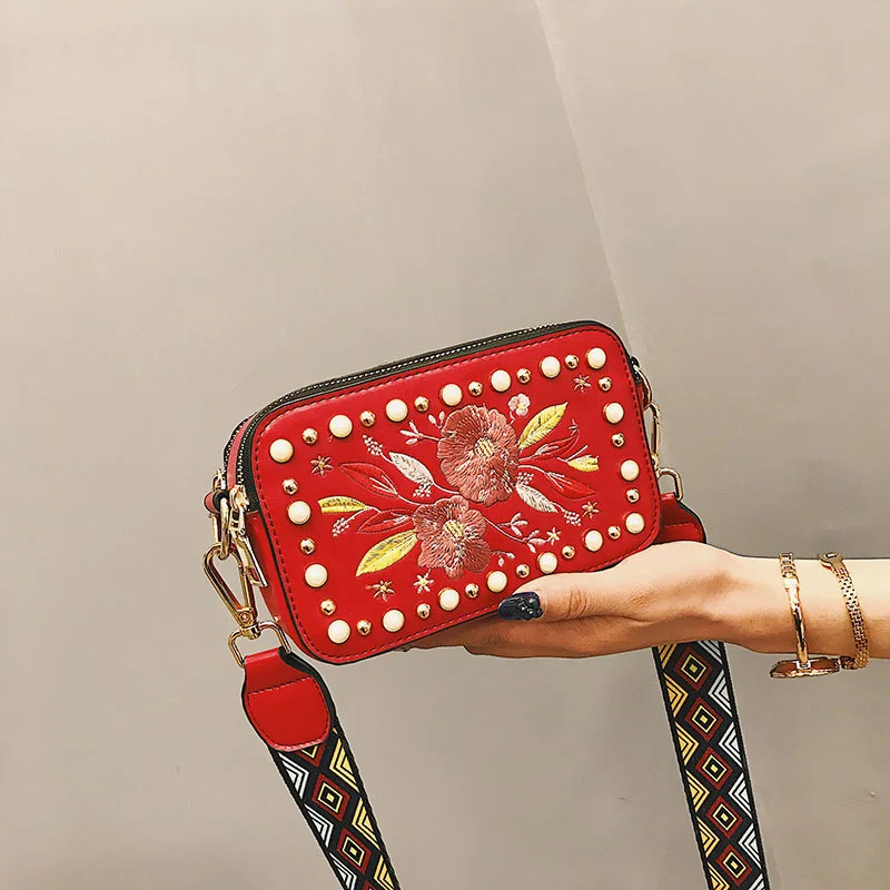 

Hot Women Floral Embroidery Colorful Rivet Decorated Cell Phone Pocket Shoulder Bag BVN66