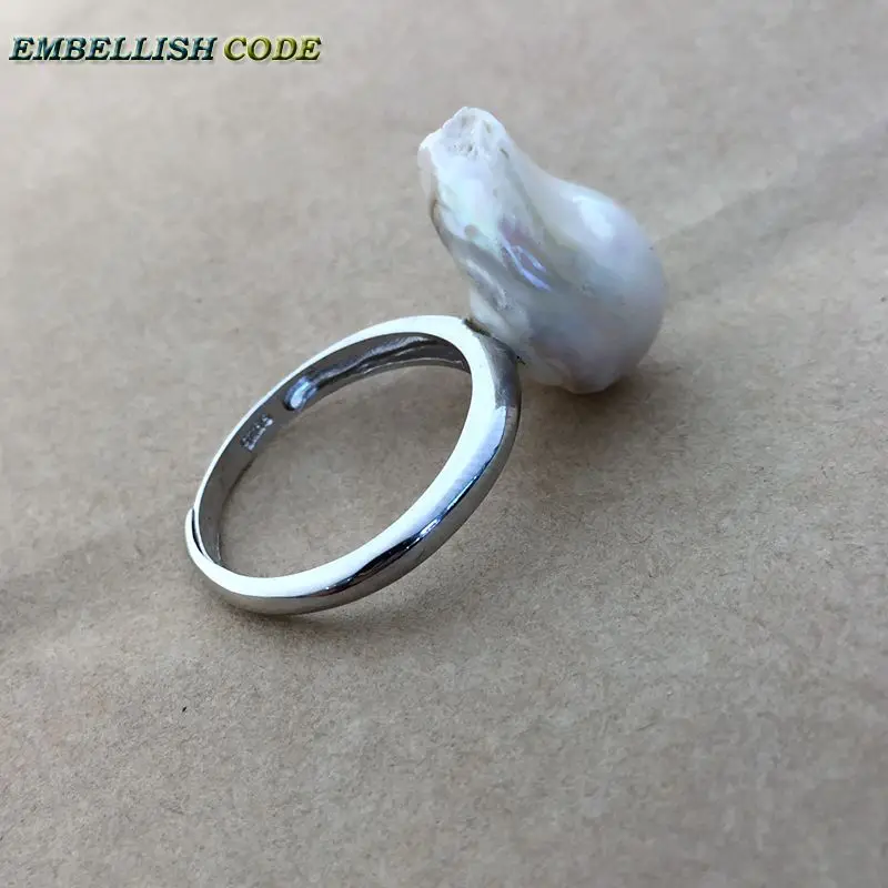 Регулируемое кольцо с жемчугом в стиле барокко, 925 серебряное кольцо, простой стиль, белая блестящая ткань, огненный шар, форма для женщин
