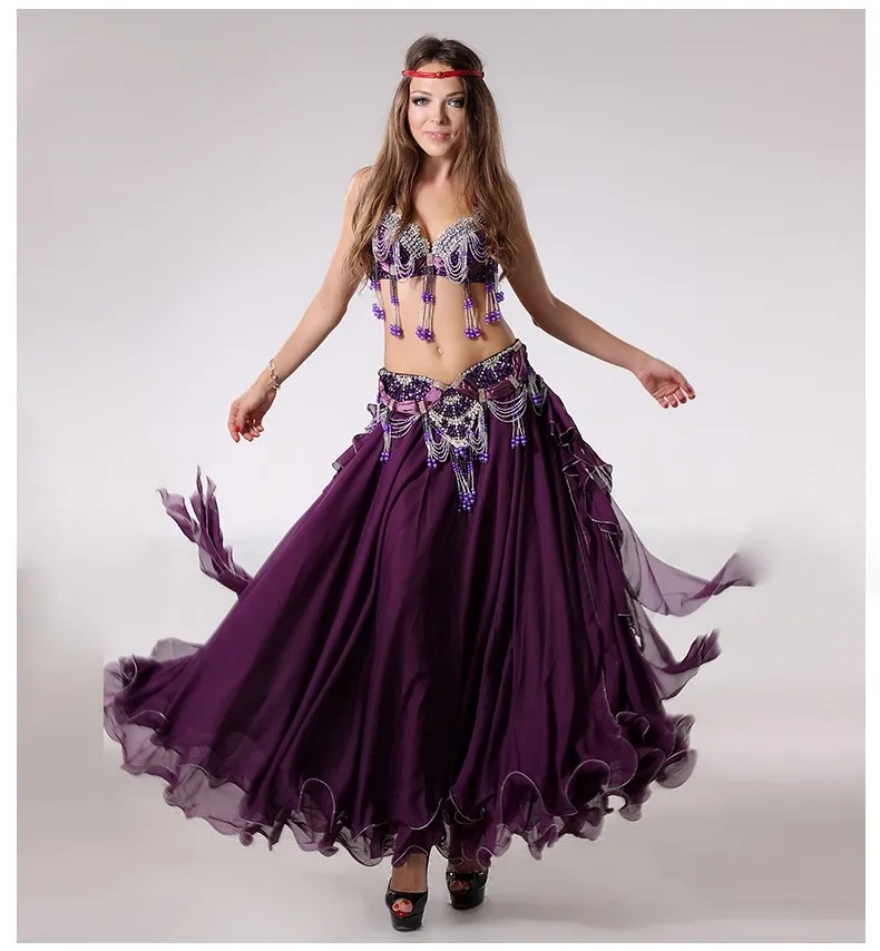 Одежда для танца живота для восточных танцев, профессиональный комплект из 3 предметов, бюстгальтер, пояс и юбка, Женский костюм для танца живота - Цвет: Purple