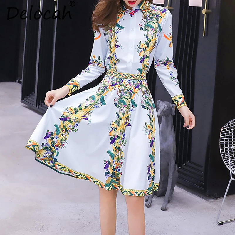 

Delocah Autumn Women Dress Runway Fashion Designer Gorgeous Crystal Beading Flower Printed Knee-Length Skirt Two Piece Set