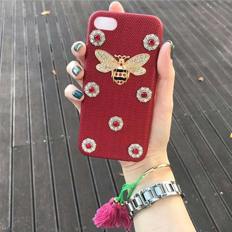 Aoweziic Luxury Leather 3D Metal Bee Pearl Phone Cases For iphoneX XS MAX XR Material Fashion Fundas 6S 7 8Plus Back Cover Coque