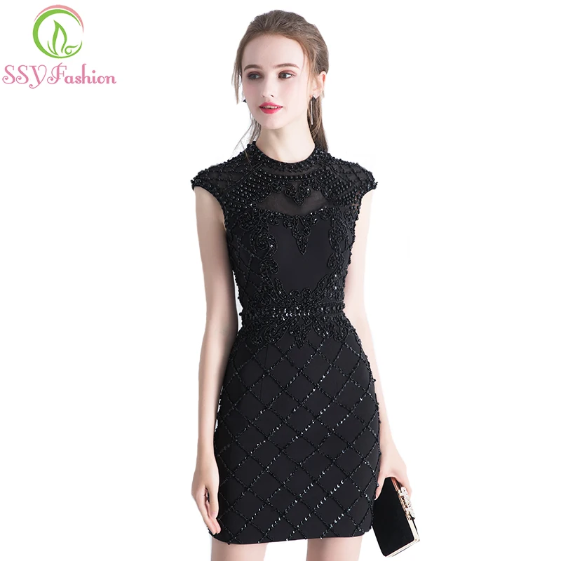 Женское платье SSYFashion черное кружевное с коротким шлейфом и открытой спинкой для
