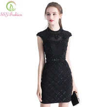 Женское платье SSYFashion черное кружевное с коротким шлейфом и