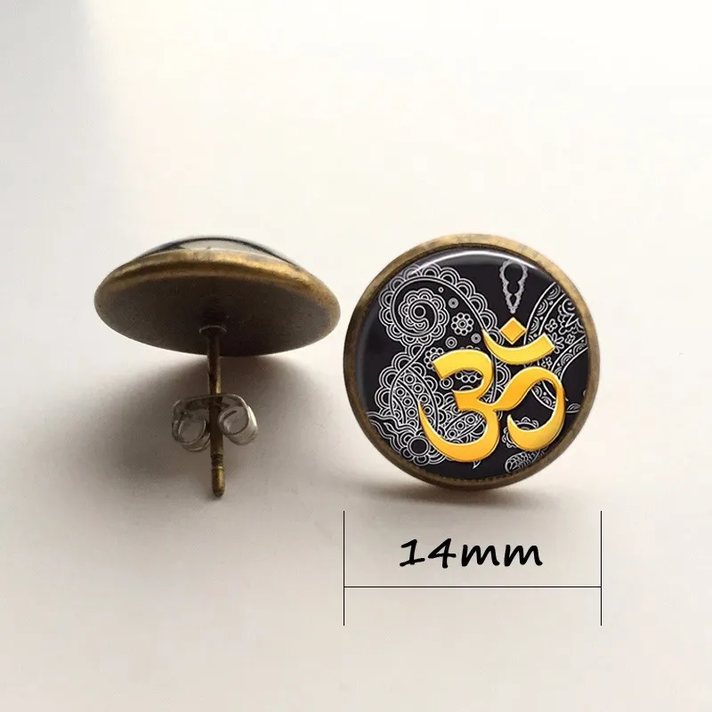 unique blackyellow mix Buddhism glass Zen stud earring Om YOGA jewelry Muslim earring Meditation Mandala Vintage collar