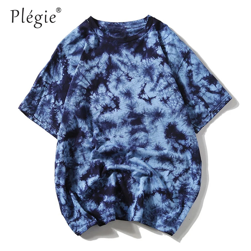 Plegie tie dye футболка унисекс Хип-Хоп футболка летние свободные футболки с круглым вырезом футболка из хлопка 5 цветов - Цвет: light blue t shirt