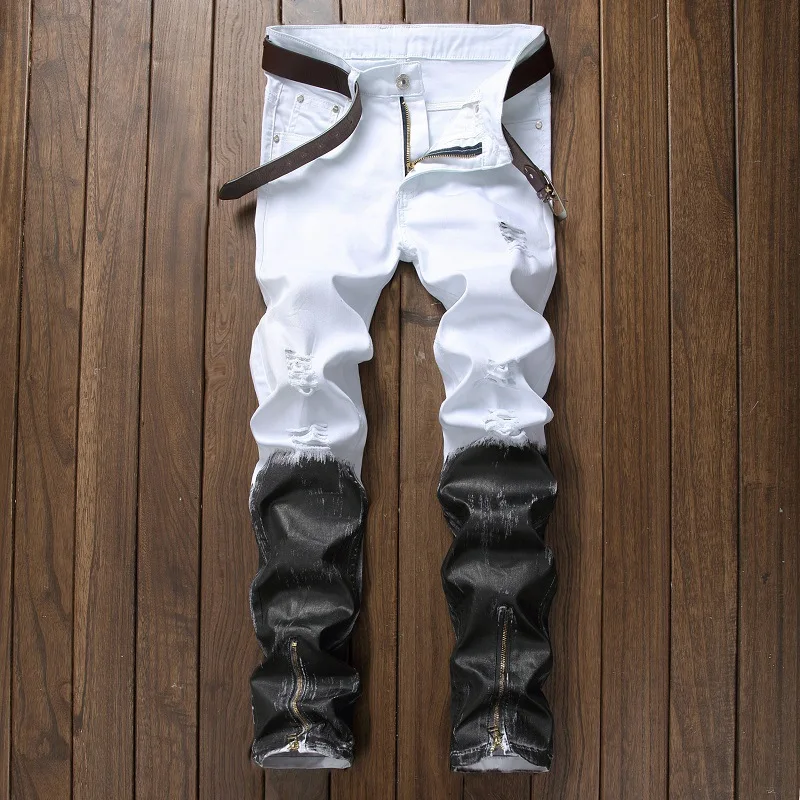 

Zipper Fly Denim Jean Fashion Designer Pants 2019 new arrival Jeans for men Straight Ripped Jeans Black White Jean Male Trousers