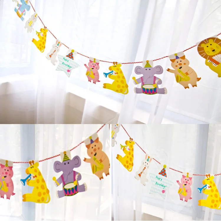 15Pcs/Pack 2M Happy Family Baby Shower Cartoon Animal Garland Striped Paper Flags Banner Decor Birthday Party Supplies For kids