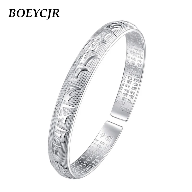 

BOEYCJR Buddhist Scriptures Silver Color Bangles & Bracelets Vintage Ethnic Fashion Jewelry Energy Bangle For Women 2019