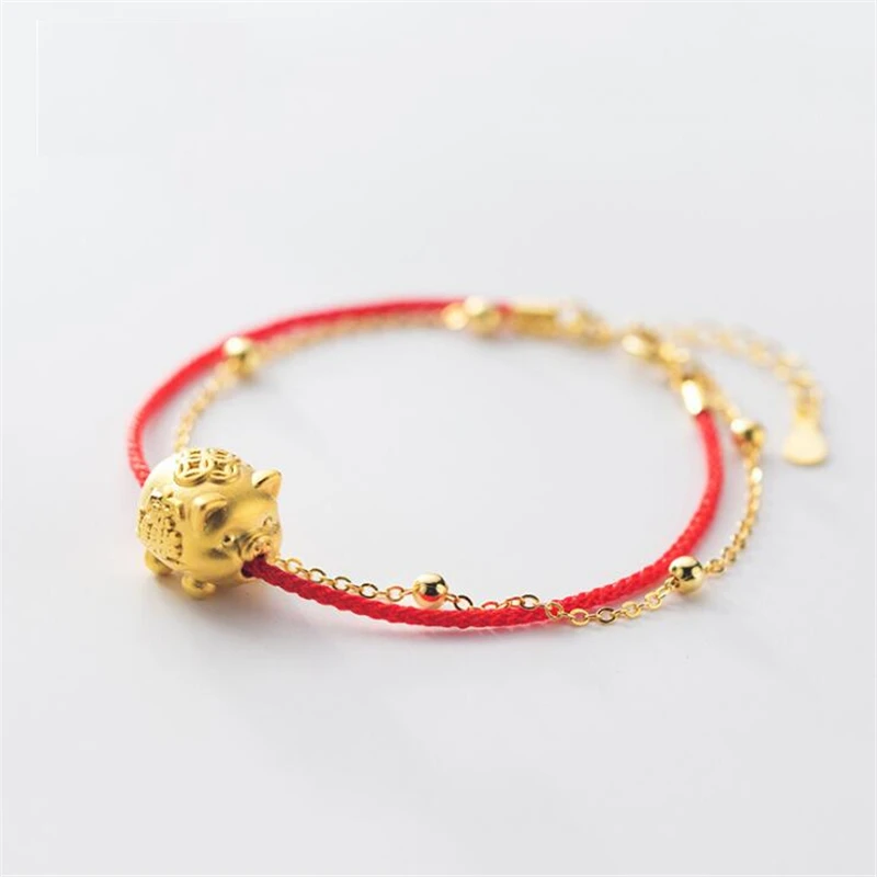 

100% 925 Sterling Silver Gold Color Pig New Year Blessing Red String Bracelet Jewelry for Women Kids Girls Jewelry Gift S2848