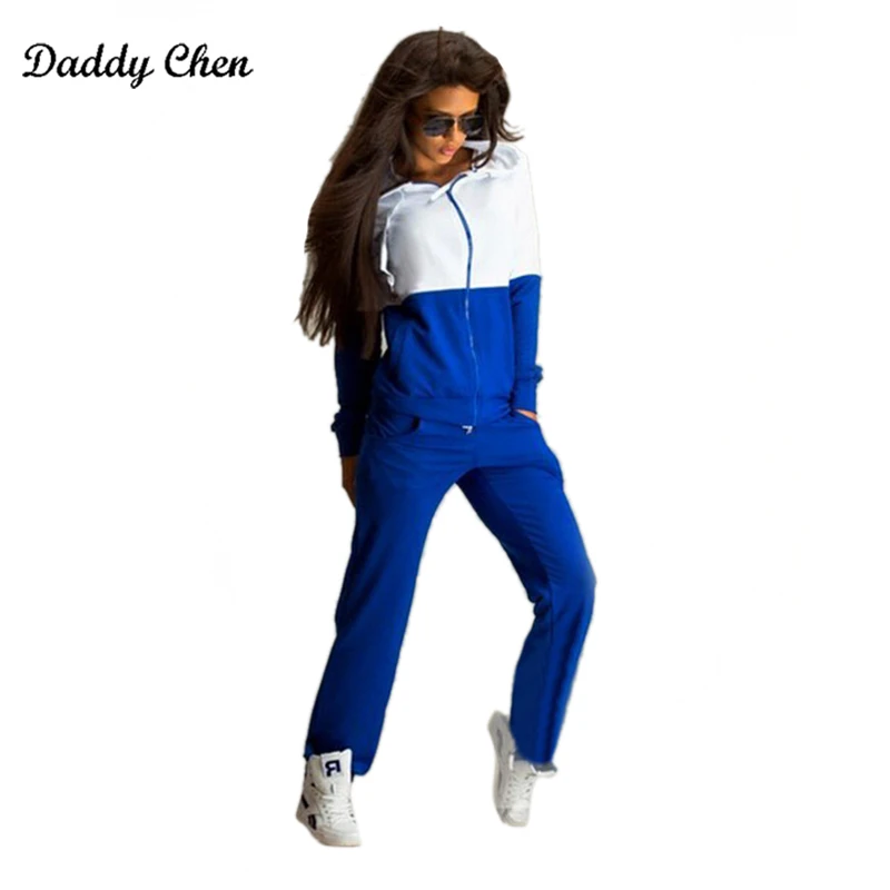 

Casual sportwear sporting track suit 2 piece set spring fashion tracksuit Women Femme Hooded Patchwork cotton pant twinsets