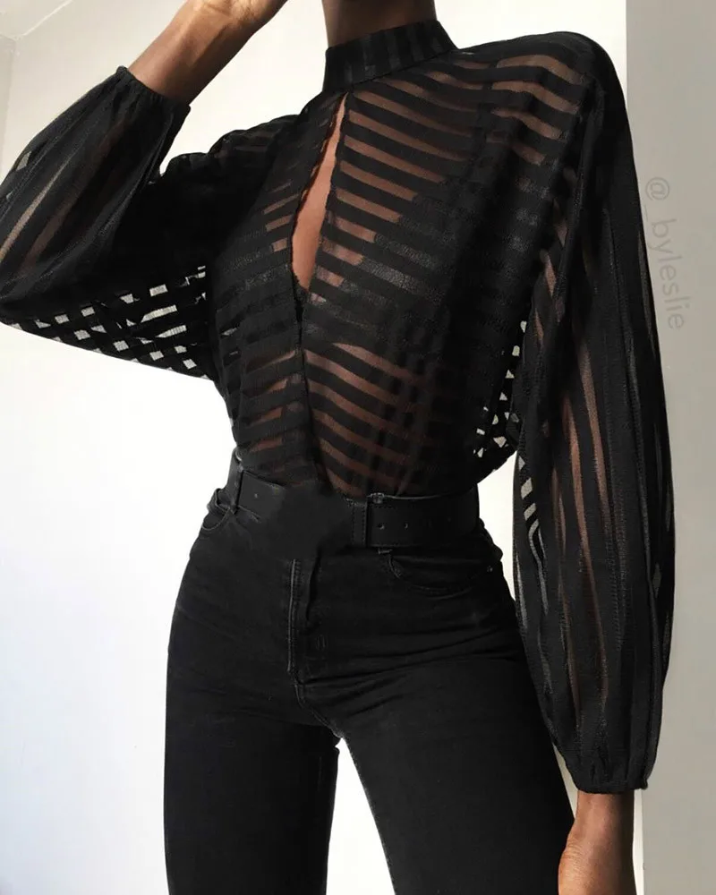 

Stripes Keyhole Front Mesh Blouse Women See Through Hollow Out Womens Tops and Blouses Sexy Party Top blusas mujer de moda 2019